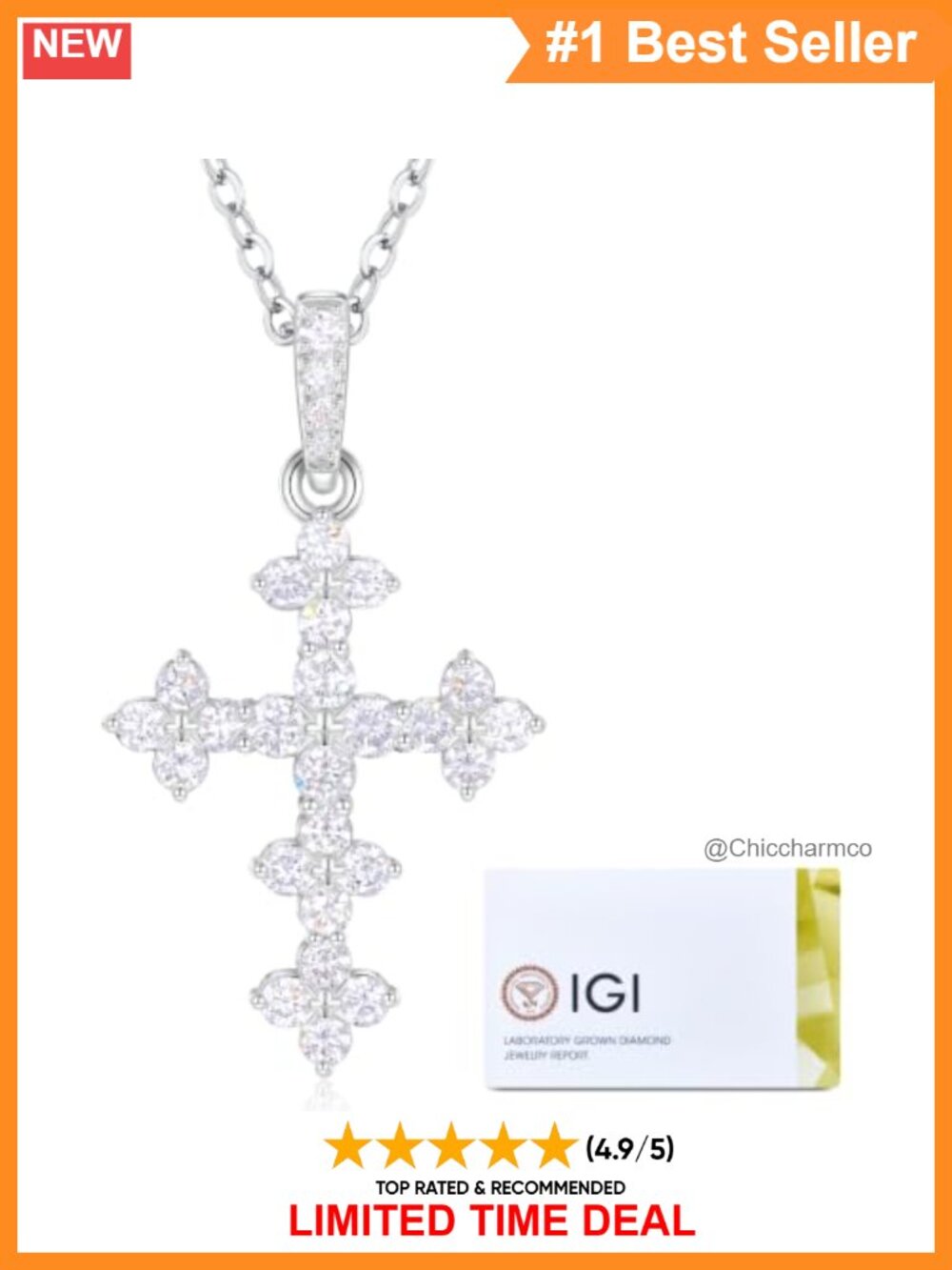 Lab Grown Diamond Cross Necklace 925 Sterling Silver 18in
